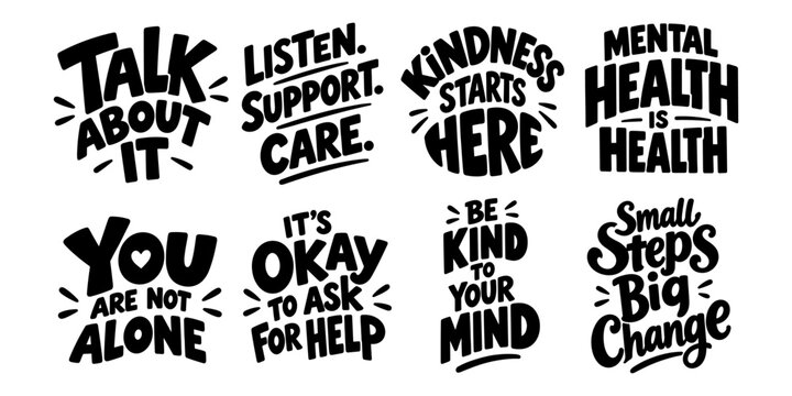 Mental Health Quotes Lettering Set, Positive Hand Drawn Typography for Self Care, Wellness, Awareness Posters, Stickers and Apparel