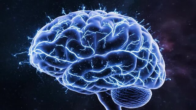 Glowing blue human brain with pulsing electrical neural pathways on a dark background