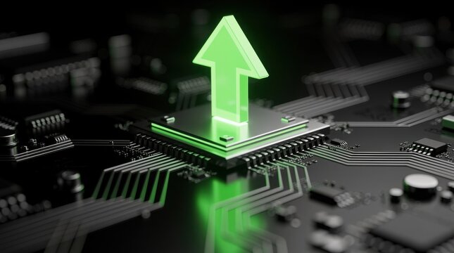 A green upward arrow emerging from a microchip on a circuit board, symbolizing technology growth and progress.