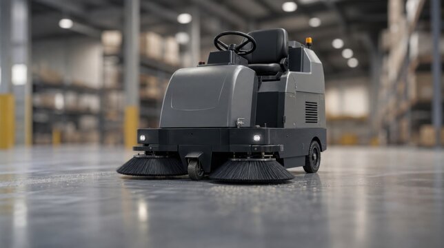 A ride-on floor sweeper machine cleans a large industrial warehouse floor with blurred storage shelves in the background.