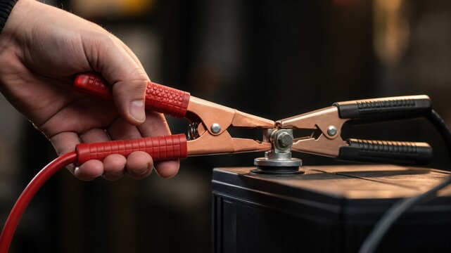 A hand holds red jumper cable clamps connected to a car battery terminal, ready for jump-starting a vehicle.