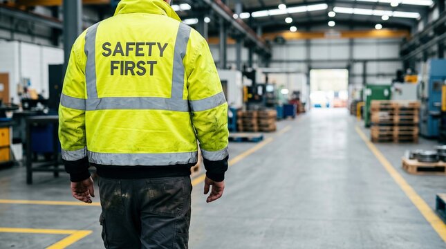 Worker wearing "Safety First" reflective jacket, walking inside manufacturing factory, industrial workplace safety compliance.