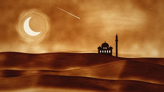 Sand animation on a light table, crescent moon over desert dunes with a mosque silhouette and shooting stars, Ramadan Kareem background, seamless loop
