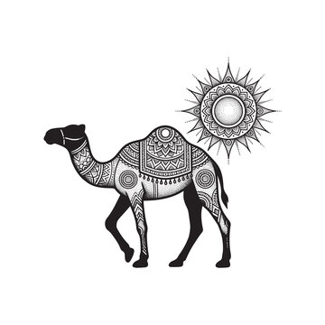 Ornamental camel tattoo with intricate mandala patterns and decorative saddle details beneath a radiant sun motif, creating an elegant desert inspired blackwork illustration
