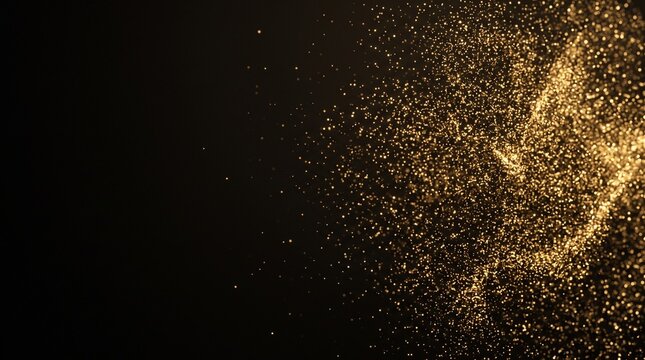Golden particles scattering on a black background a digital composition