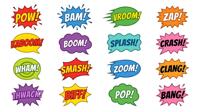 Comic book onomatopoeia sound effects set on white background.