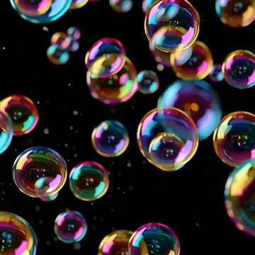 Colorful iridescent soap bubbles floating and moving against a dark background 