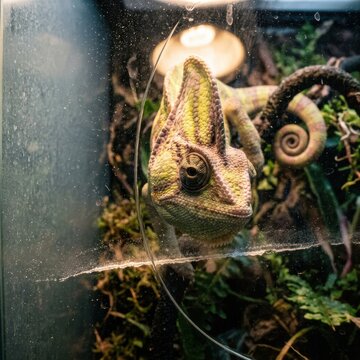 Veiled chameleon in terrarium with lush tropical habitat