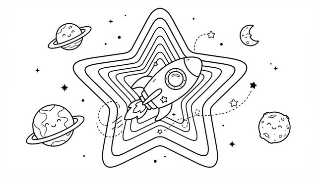 Cute cartoon rocket ship flying through a big star shape with planets and moon
