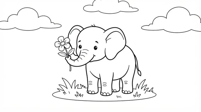 Cute little baby elephant holding a flower in a field with clouds for coloring page