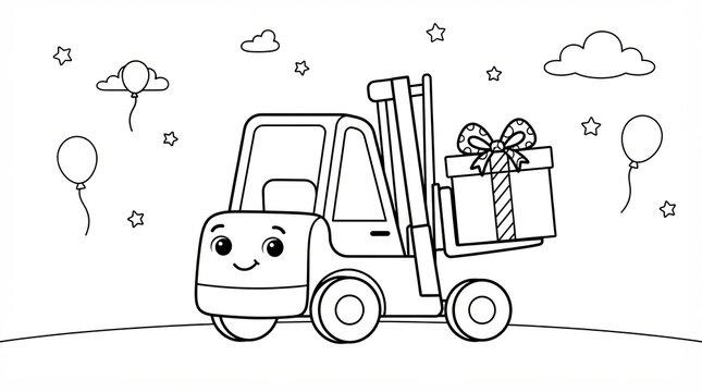 Cute cartoon forklift truck carrying a gift box for a coloring page for children