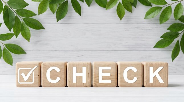 Wooden blocks spelling the word CHECK with a checkmark icon on a white wooden background decorated with green leaves, representing business checklist, evaluation, survey, test, or task list concept