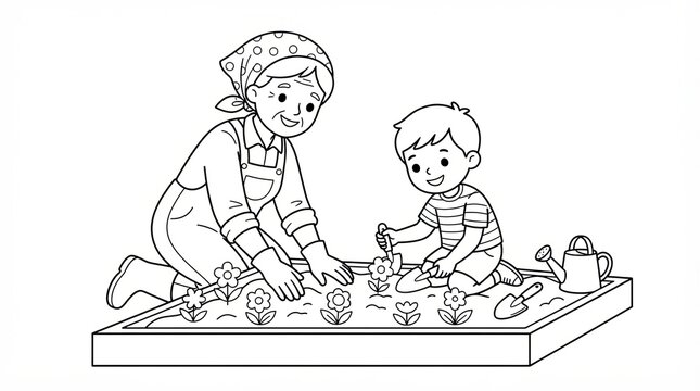 Grandmother and little grandson planting flowers together in a small garden bed