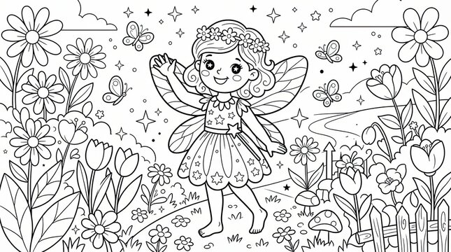 Cute little fairy girl in a flower garden coloring page for kids on white background