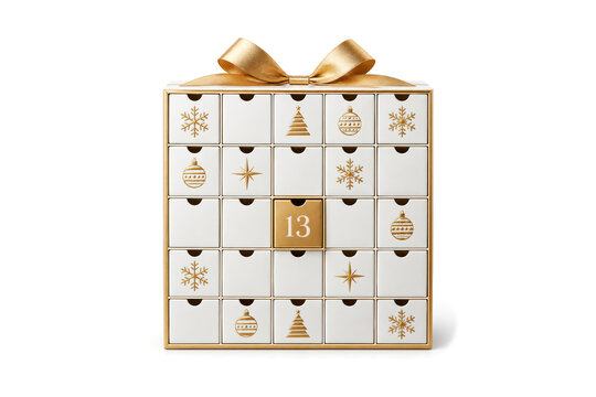 White advent calendar box with golden decorations and numbered drawers, counting down. December 13 Christmas celebration concept