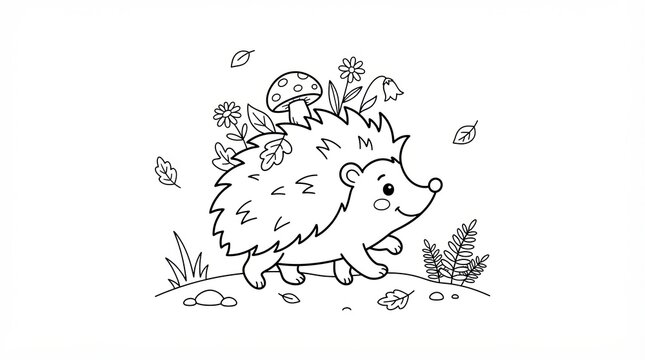 Cute little hedgehog walking with a mushroom and flowers in a forest coloring page
