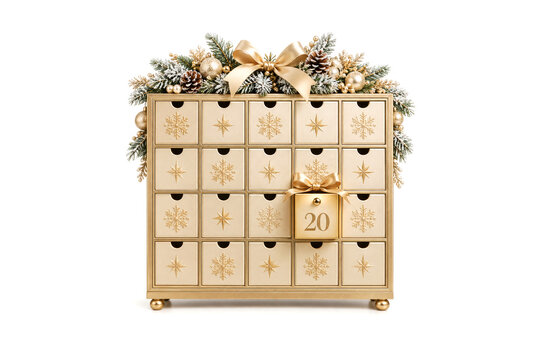 Golden advent calendar displaying number 20 and festive winter decoration. December twenty Christmas celebration concept