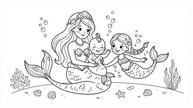 Cute cartoon mermaid family with mother and baby in the underwater ocean coloring page