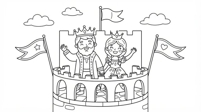 Cute king and queen waving from a tall castle tower for kids coloring book page