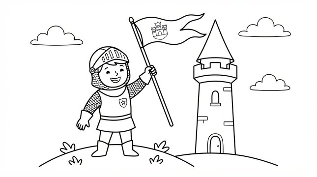 Happy cartoon knight holding a flag standing next to a tall stone castle tower