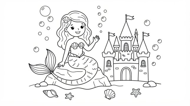 Cute little mermaid sitting on a rock near an underwater castle coloring page design