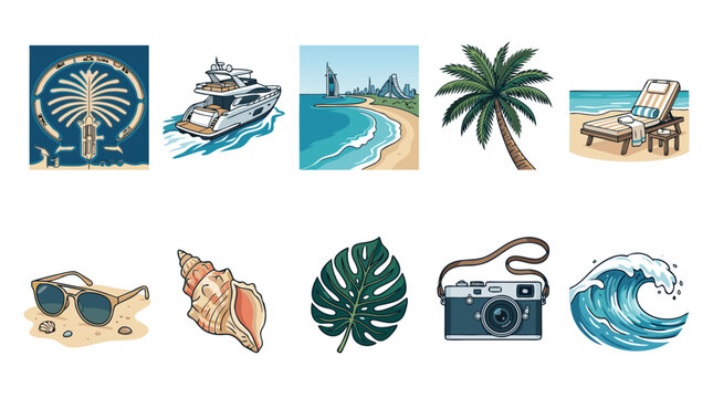 Collection of summer vacation icons featuring tropical palm trees and beach elements