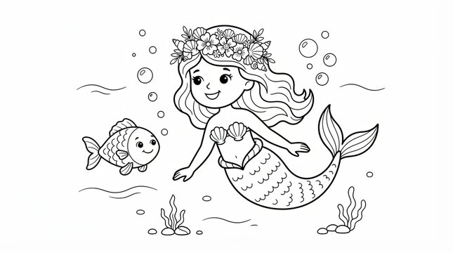 Cute mermaid girl swimming with a little fish in the ocean coloring page for kids