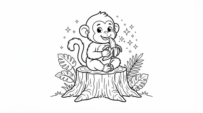 Cute cartoon monkey eating a banana while sitting on a tree stump illustration