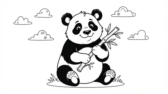 Cute panda bear sitting and holding a bamboo stick in a simple hand drawn style
