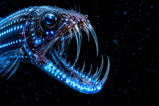A deep-sea viperfish exposes long curved fangs as blue-white photophores glow along its dark body. Extreme feeding anatomy and abyssal survival