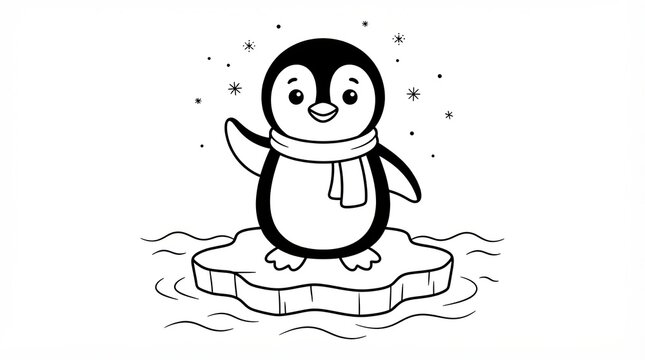 Cute cartoon penguin wearing a scarf waving hello while standing on a small ice floe