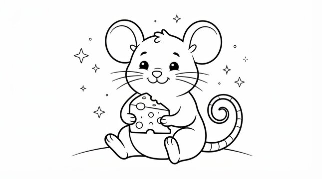 Cute cartoon mouse eating a piece of yellow cheese for a fun coloring book page design