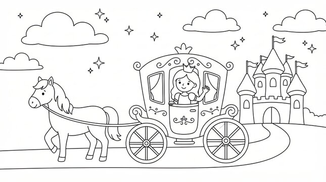 Cute princess riding in a horse carriage to a fairy tale castle coloring page