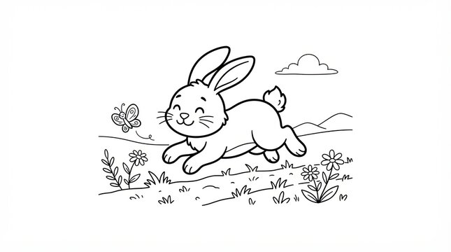 Cute cartoon bunny rabbit running and playing with a butterfly in a flowery meadow