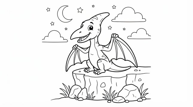 Cute little pterodactyl dinosaur sitting on a rock at night under the moon and stars