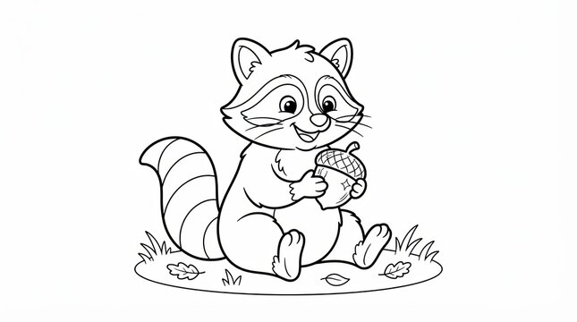 Cute cartoon raccoon sitting and holding a small acorn for children coloring page
