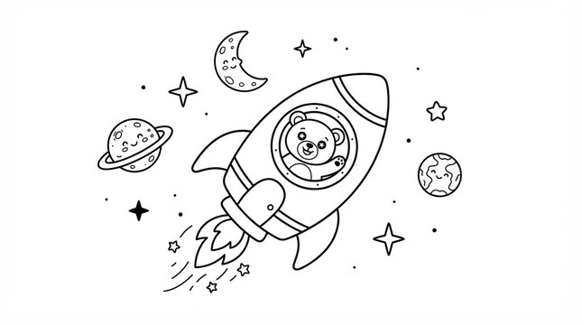 Cute cartoon teddy bear flying a rocket in space with stars and planets line art