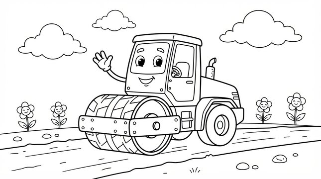 Cute cartoon road roller character waving hand on a sunny day for children coloring page