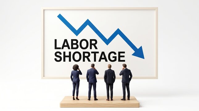 Miniature business people figures looking at a downward trend arrow chart on a board representing the economic impact of labor shortage and lack of skilled workers