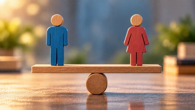 Gender equality concept with blue male and red female figurines balancing on wooden seesaw representing social rights.