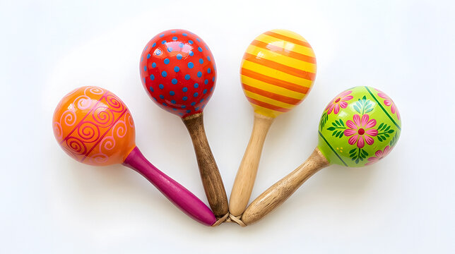 Colorful wooden maracas rumba rattles musical percussion instrument toys isolated on bright background