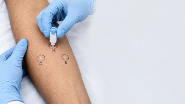 Medical professional performing allergy skin test on arm with injection device and marked test points