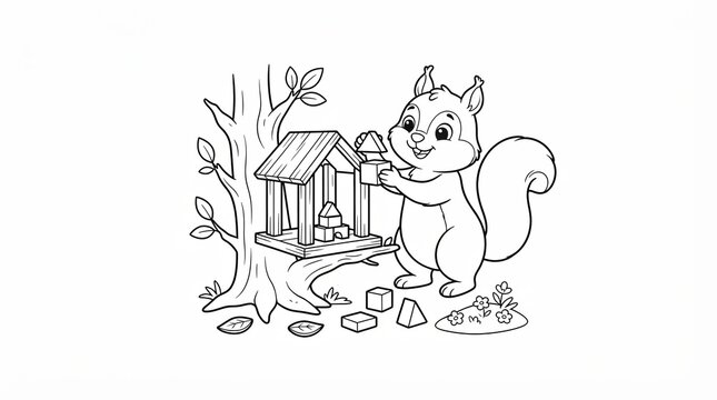 Cute cartoon squirrel building a wooden house by a tree