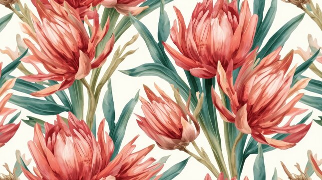 Watercolor Pink And Coral Protea Flowers Background
