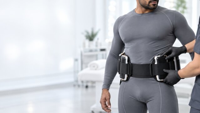 Male patient receiving physical therapy training with high-tech electrical muscle stimulation belt at clinic