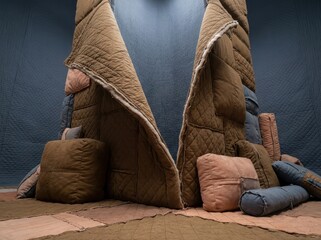 Obraz premium Quilted textile installation with padded cushions and soft abstract forms