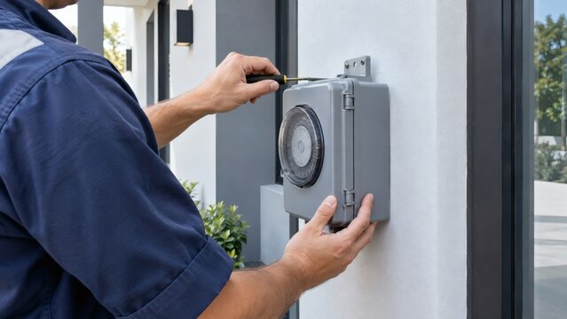 Electrician installing a gray outdoor electrical timer switch on a wall with wall installation building maintenance smart home