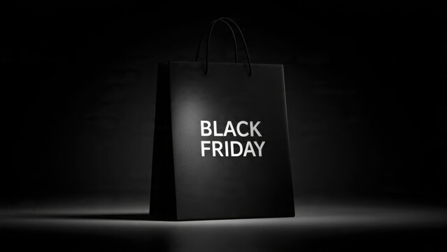 Black friday sale paper shopping bag with text on dark background retail promotion concept
