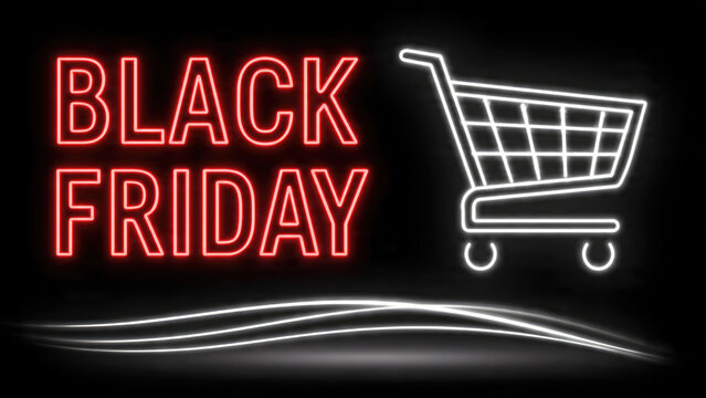 Black Friday sale neon sign with shopping cart illustration on dark background