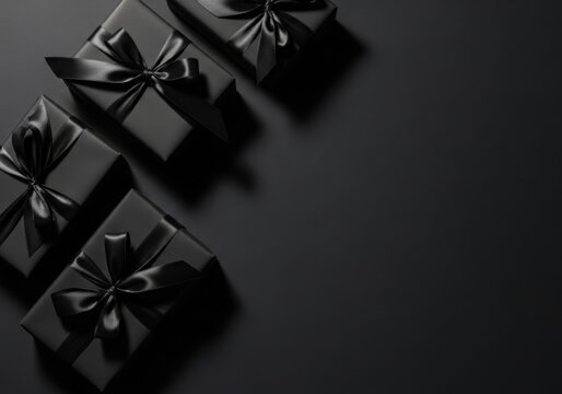 Black gift boxes with satin ribbons arranged on a dark background elegant presentation